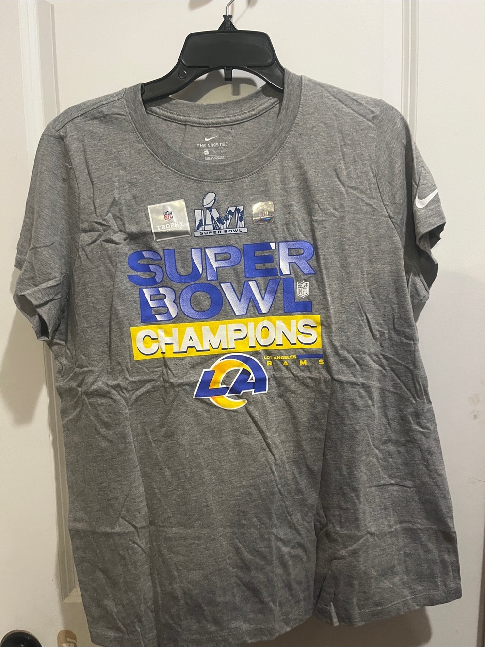 Nike Gray Los Angeles Rams Super Bowl Champions Tee with Blue & Yellow Graphics